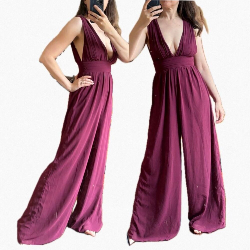 Burgundy Chiffon Wide Leg Jumpsuit Ruched Plunge Low V Open Back Formal Lulus XS - Picture 9 of 9